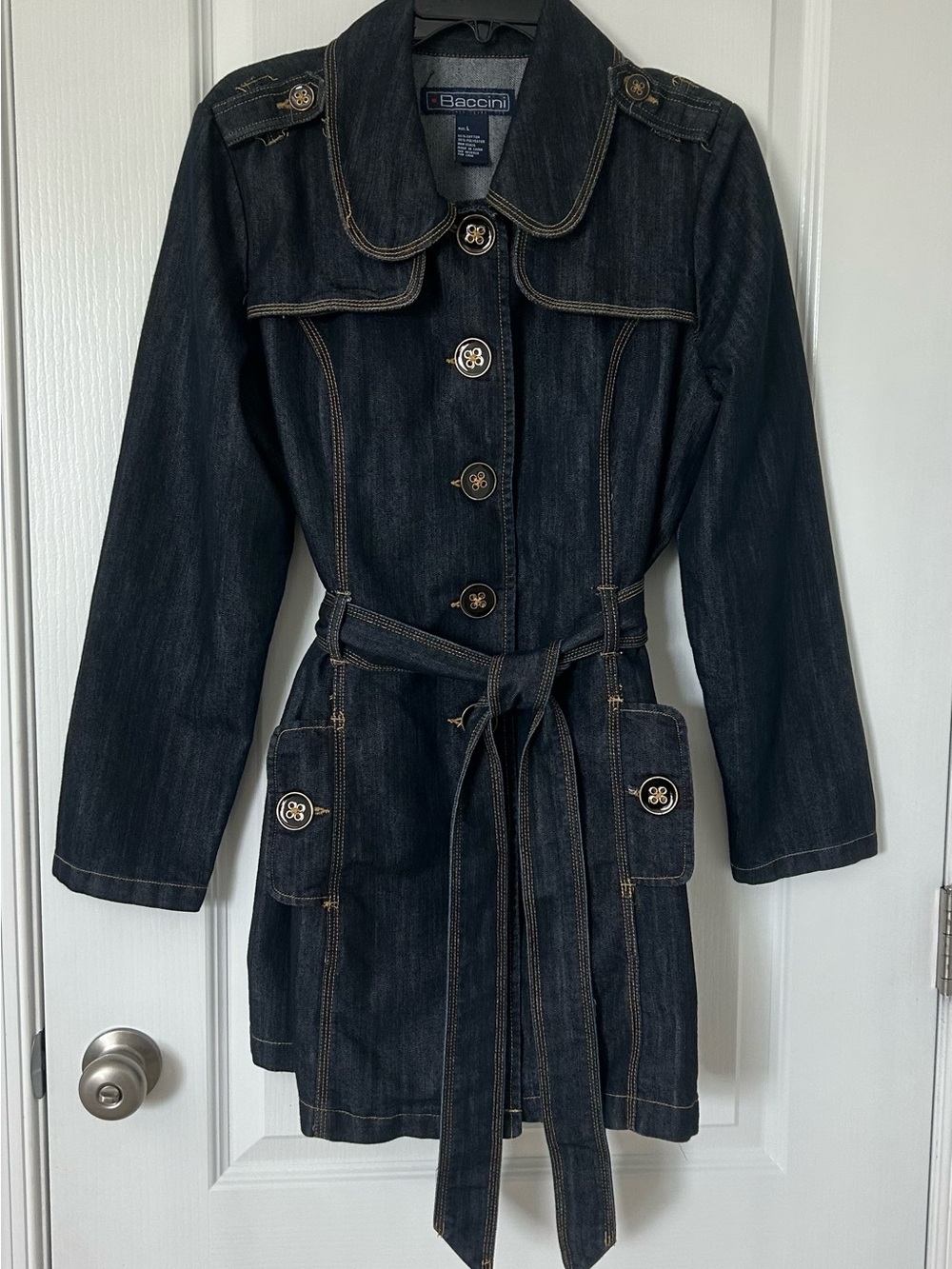 Baccini Women’s L Dark Wash Denim Trench Coat Belted Y2K Retro Jacket